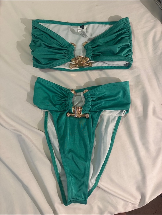 PrettyLittleThing Other - PrettyLittleThing Teal Green Bandeau Bikini Set with Gold Hardware